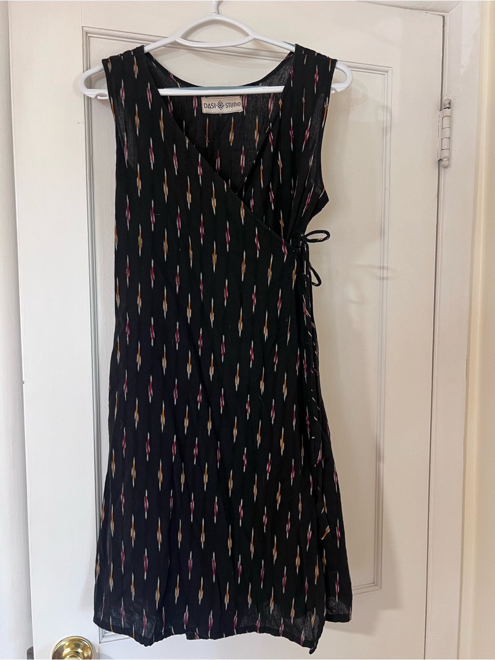 Black Sleeveless Indian Wrap Dress with Multi-Color Ikat Print